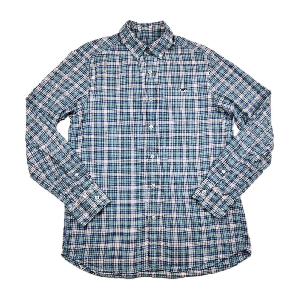 Vineyard Vines Button-Down Plaid Shirt Classic Fit Mens S Whale Logo Blue Preppy